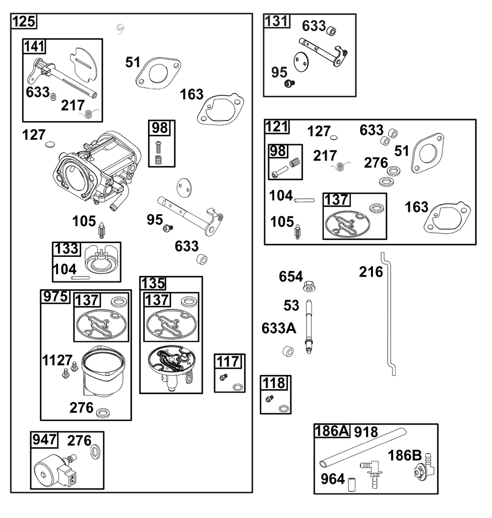 Carburetor Group Diagram and Parts List for 40T877-0015-B5  Briggs and Stratton Engine